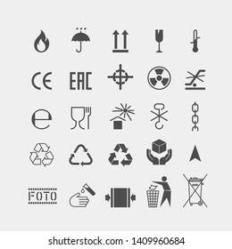Packaging flat vector symbols. Signs on the package