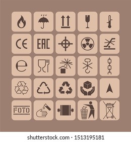 Packaging flat vector symbols. Signs on the package