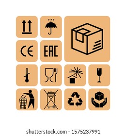 Packaging flat vector symbols. Signs on the package