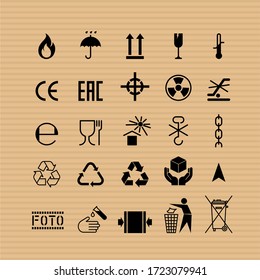 Packaging flat vector symbols. Signs on the package