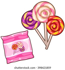 Packaging flavoured lollipops. Sweets isolated on a white background. Cartoon vector close-up illustration.