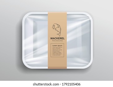 Bandeja de espuma de embalaje envuelta en peces de caballa plástica, diseño sobre fondo gris, ilustración vectorial Eps 10