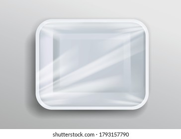 Packaging foam tray wrapped in plastic, template design on gray background, Eps 10 vector illustration