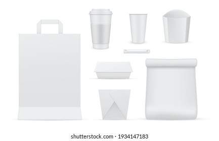 Packaging for food, drinks empty realistic mockups set. Paper cup, carton box, container, shopping bag blank templates. Side view. Copy space, Ready for your design. Vector collection on white.