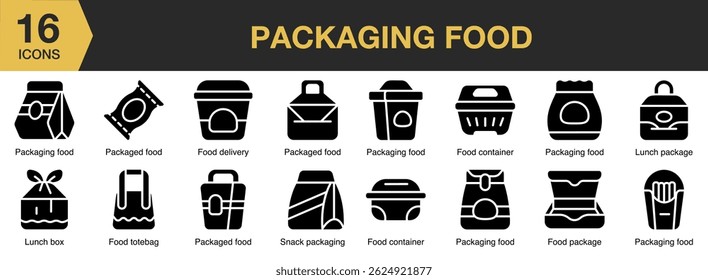 Packaging Food solid icon set. Includes food, product, package, container, retail, packaging, and More. Solid icons vector collection.