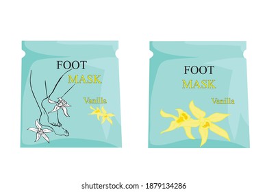 packaging foot mask with vanilla. care cosmetics. legs of the girl with vanilla flowers on a blue package. mocap. vector. hand draw