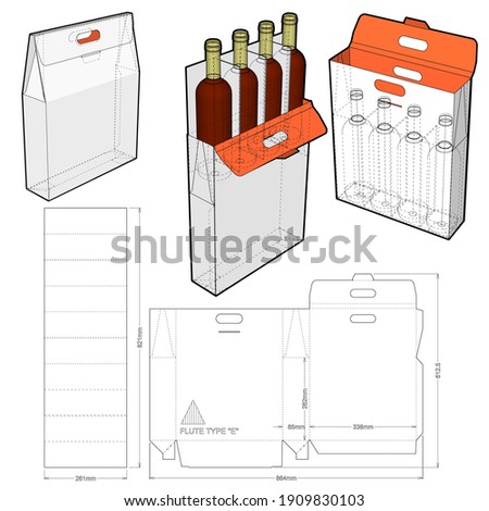 Packaging for four bottles of wine and Die-cut Pattern. 