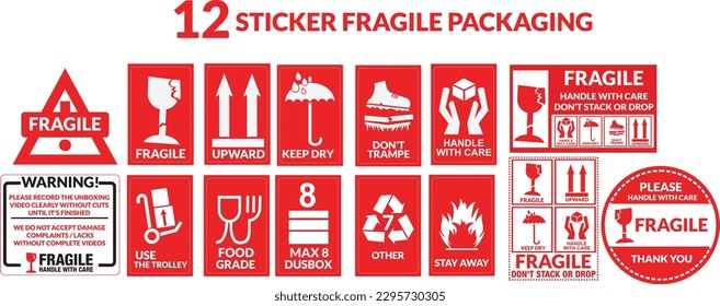 Packaging or Fragile Stickers editable. shipping stamps vector illustration Fragile label isolated. handle with care, keep dry, This way up. Broken glass  vector Package symbol
