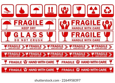 Packaging or Fragile Stickers shipping stamps vector illustration Fragile flat icon isolated. handle with care, keep dry, This way up. Broken glass icon vector. Package symbol.