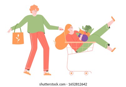 Packaging free supermarkets and the zero waste. Conscious life style. Girl in a supermarket cart with vegetables. The guy with the eco bag. Funny bright characters. Vector flat illustration.