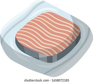 Embalaje de pescado congelado. Objeto frío. Marisco y carne en envase. Dibujo plano de caricatura. Producto de supermercado