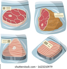 Packaging of frozen fish and red meat. Set of supermarket products. Cold object. Seafood and ham in bag. Cartoon flat illustration