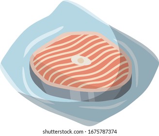 Packaging of frozen fish. Seafood and meat in package. Cartoon flat illustration. Supermarket product. Cold object