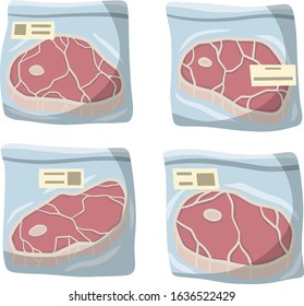 Packaging of frozen red meat. Set of supermarket products. Cold object. ham in bag. Cartoon flat illustration