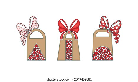 Packaging and gifts. Set of gift boxes with bows and hearts. Multi-colored image. Design element. Vector.