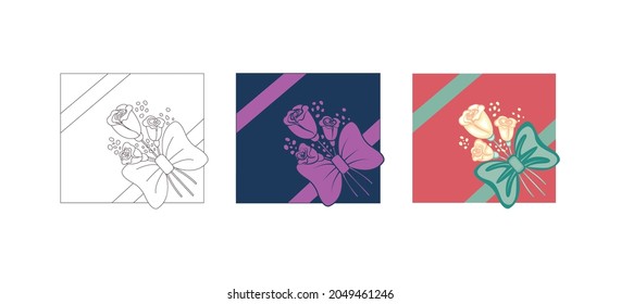 Packaging and gifts. A set of gift boxes with bows and flowers. Contour, silhouette and multi-colored images. Design element. Vector.