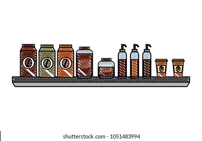 packaging glass bottle sauce and paper cup of coffee