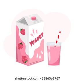 Packaging and a glass of fruity strawberry yogurt. Dairy food. Dessert. Vector illustration. Nutrition concept. Kitchen image. Illustration for a cookbook.