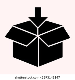 Packaging Glyph Symbol. Geöffnetes Paket mit Pfeil, Laden, Papierkasten. Postdienst, Vektordesign-Konzept, Piktogramm im festen Stil auf weißem Hintergrund, Verwendung für Web und App. EPS10