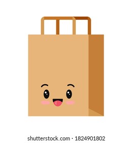 Packaging for goods emoji character isolated on white background. Smilling kraft brown cardboard supermarket, shop, restaurant, fast food package emoticon. Vector flat design pack icon illustration. svg