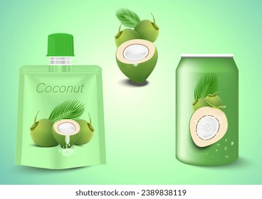 Packaging with green coconut water drink on green background. Vector illustration EPS 10.