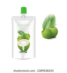 Packaging with green coconut water drink on white background. Vector illustration EPS 10.