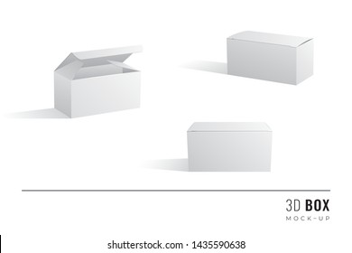 Packaging Half Length and Height Box 3D Mockups Set of Isometric Open Closed and Frontal View Blank Templates - White Realistic Boxes and Shadows on Similar Background - Vector Gradient Graphic Design