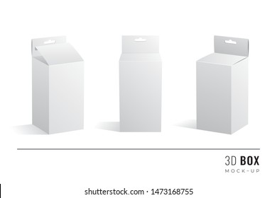 Packaging Hanging Double Height Box 3D Mockups Set of Isometric Open Closed and Frontal View Blank Templates - White Realistic Boxes on Similar Background - Vector Gradient Graphic Design