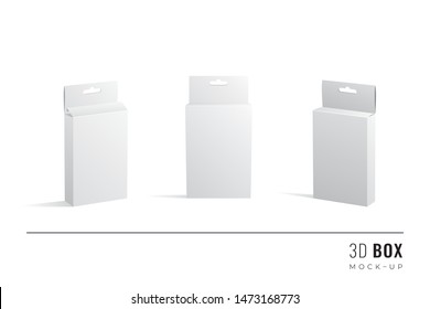 Packaging Hanging Quarter Length One and Half Height Box 3D Mockups Set of Isometric Open Closed and Frontal View Blank Templates - White Realistic Boxes on Similar Background - Vector Graphic Design