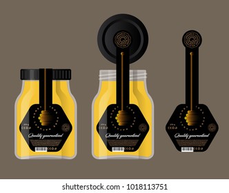 Packaging for honey. Honey logo. Honey dipper icon. Glass jar and lid with a label. 