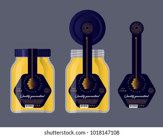 Packaging for honey. Honey logo. Honey dipper icon
Glass jar and lid with a label. 
