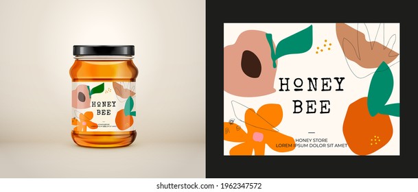 Packaging for honey. Honey logo. Wildflower honey label. Vector hand drawn illustration. Honey packaging design elements for apiary and beekeeping products, branding and identity