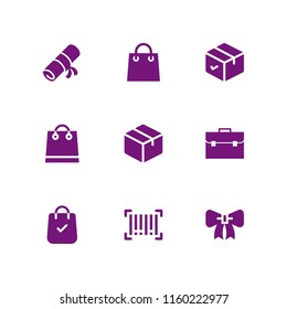 packaging icon. 9 packaging set with ribbon, barcode, bag and paper vector icons for web and mobile app