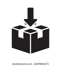 Ícone de empacotamento com uma seta apontando para uma caixa que representa o empacotamento de uma ordem para entrega e distribuição de produtos em vetor de logística ícone de glifo sólido