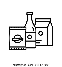 Packaging icon with bottle and pouch in black outline style