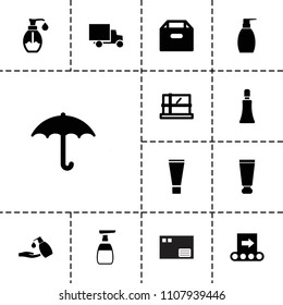 Packaging icon. collection of 13 packaging filled icons such as parcel, cream tube, bottle soap, liquid soap, box, soap. editable packaging icons for web and mobile.
