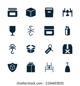 Packaging icon. collection of 16 packaging filled icons such as soap, cream, box, milk, cargo tag, fragile cargo. editable packaging icons for web and mobile.