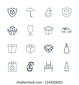 Packaging icon. collection of 16 packaging outline icons such as soap, handle with care, box, cargo insurance, spray bottle. editable packaging icons for web and mobile.
