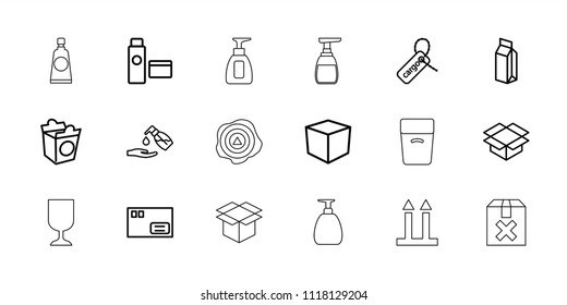 Packaging icon. collection of 18 packaging outline icons such as liquid soap, parcel, box, take away food, milk, cargo tag. editable packaging icons for web and mobile.