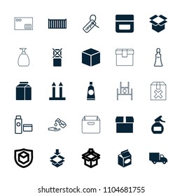 Packaging icon. collection of 25 packaging filled and outline icons such as cream, parcel, box, take away food, cargo box. editable packaging icons for web and mobile.