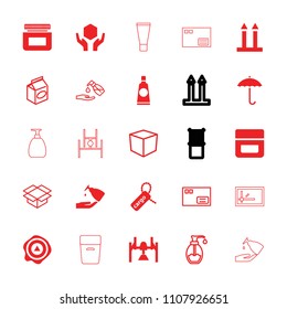 Packaging icon. collection of 25 packaging filled and outline icons such as cream, cargo tag, handle with care, arrow up. editable packaging icons for web and mobile.