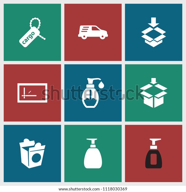 Packaging icon.\
collection of 9 packaging filled icons such as take away food,\
soap, cargo tag, delivery car, box, parcel. editable packaging\
icons for web and\
mobile.