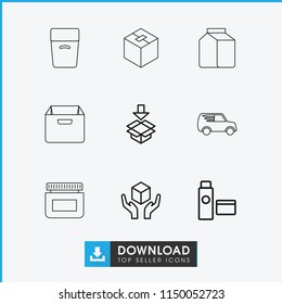 Packaging icon. collection of 9 packaging outline icons such as handle with care, box, cream tube, cream, milk. editable packaging icons for web and mobile.