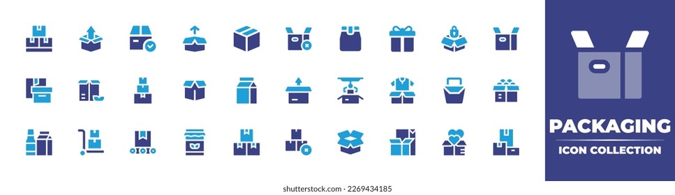 Packaging icon collection. Duotone color. Vector illustration. Containing package, box, open box, food package, giftbox, safe, delivery box, packaging, milk, clothes, packing, eco packaging, boxes.