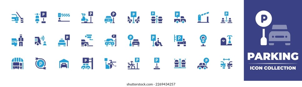 Packaging icon collection. Duotone color. Vector illustration. Containing package, weight, sustainable, handle with care, packing, boxes, drop shipping, home delivery, quality control, food package.