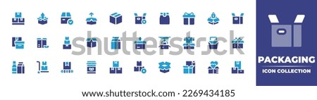 Packaging icon collection. Duotone color. Vector illustration. Containing package, box, open box, food package, giftbox, safe, delivery box, packaging, milk, clothes, packing, eco packaging, boxes.