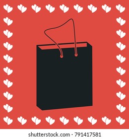 Packaging icon flat. Simple black pictogram on red background with white hearts for valentines day. Vector illustration symbol