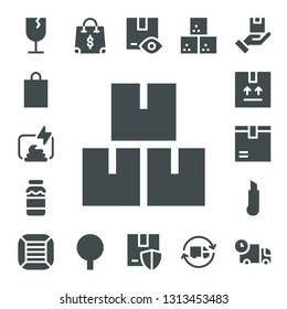packaging icon set. 17 filled packaging icons.  Simple modern icons about  - Fragile, Shopping bag, Compost, Package, Milk, Cutter, Boxes, Sugar cube, Delivery truck, Truck