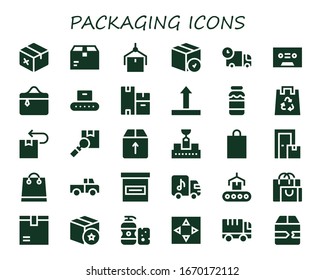 packaging icon set. 30 filled packaging icons. Included Package, Truck, Tape, Cosmetics, Conveyor, Boxes, Side up, Milk, Eco bag, Box, Shopping bag, Shampoo, Move, Fast delivery icons