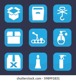 packaging icon. Set of 9 filled packaging icons such as spray bottle, cream tube, soap, box, no cargo warning, conveyor and robot arm